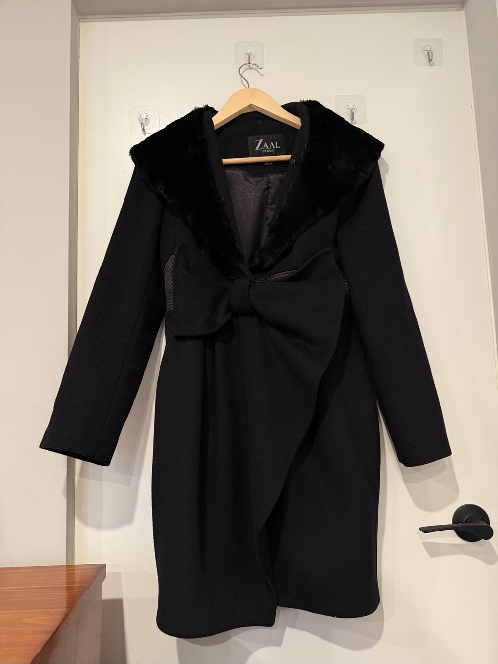 Zaal Black Wool Coat – XS/XXS, Real Fur Collar, Bow Front, 80% Wool